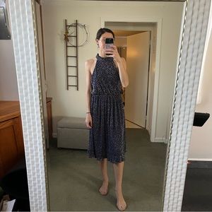 🎉🛍️ MOVING SALE • JOA Blue Tan Floral Pleated High Neck Dress S